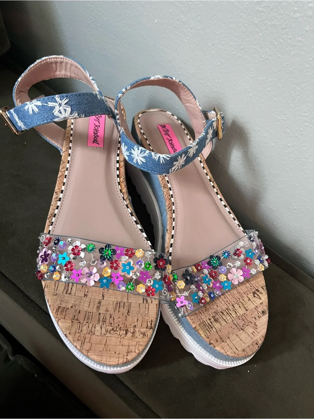 Betsey Johnson Denim Blue Floral Jeweled Platform Sandals